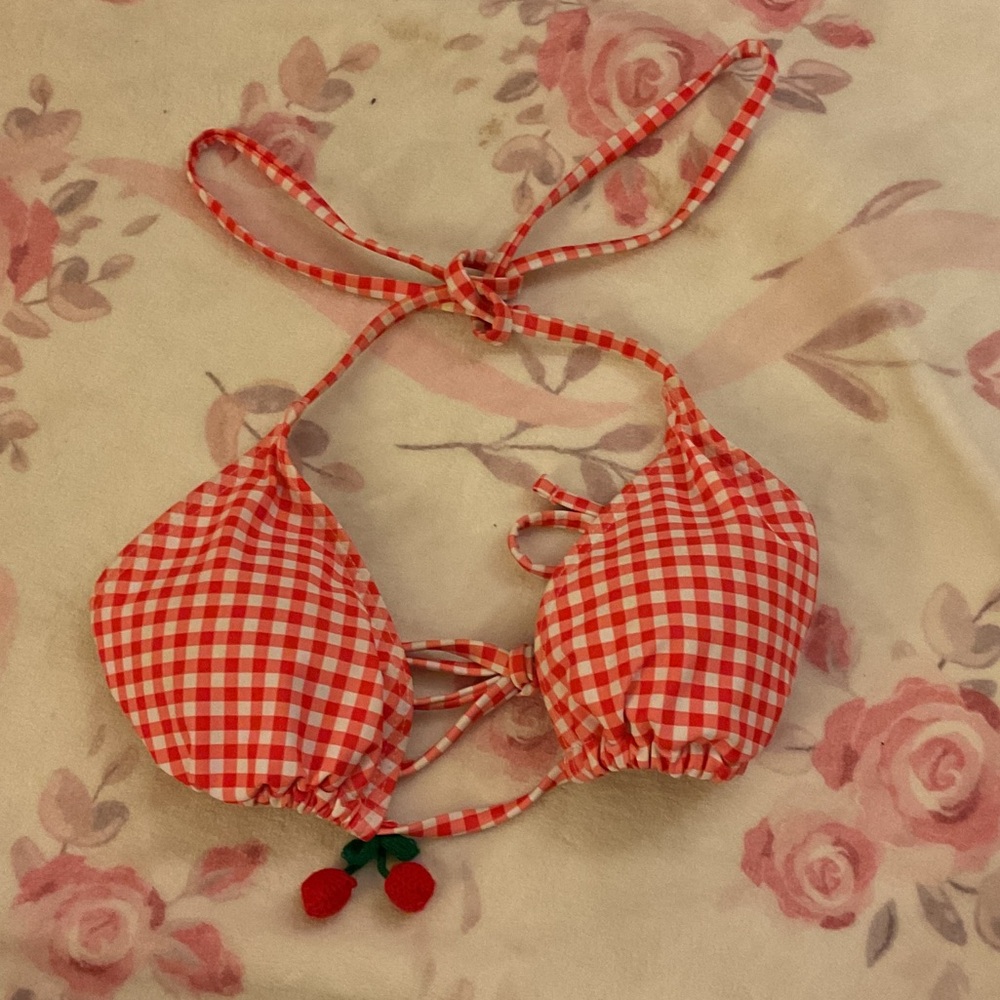 H&M Red Gingham Halter Bikini Top with Cherry Accent